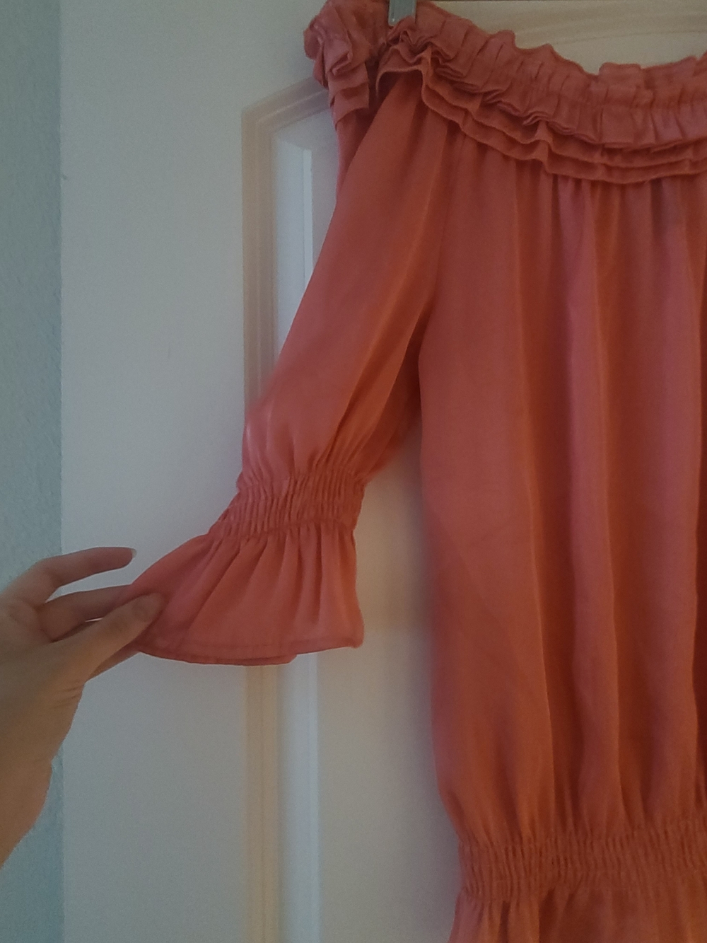 Essentials Coral/Peach Off-Shoulder Ruffle Peasant Top - Picture 6 of 6